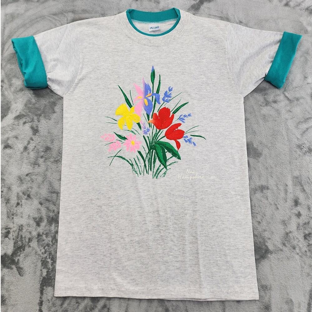 Vintage Alore Top Womens M Gray Teal Crew Neck Contrast Roll Sleeve Graphic Tee